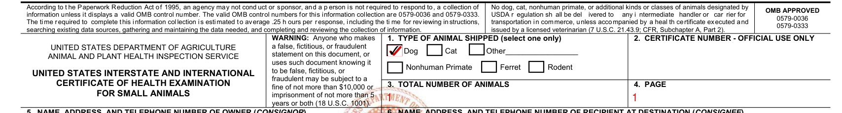 APHIS Form 7001 example filled out, boxes 1 to 4, type of animal shipped, certificate number, total number of animals and page
