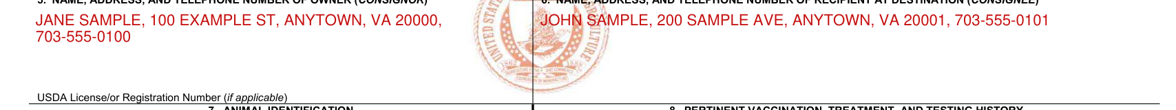 APHIS Form 7001 example filled out, boxes 5 and 6, owner and recipient