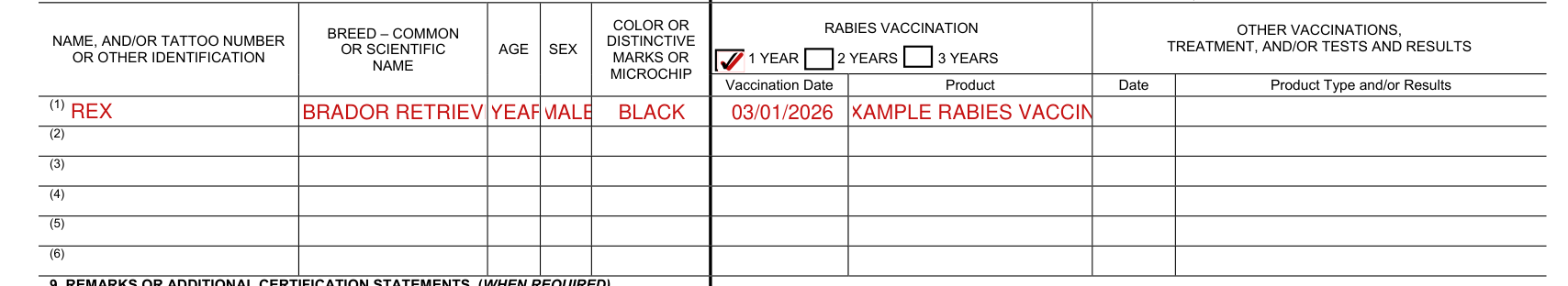 APHIS Form 7001 example filled out, boxes 7 and 8, animal identification and vaccination, treatment and testing history