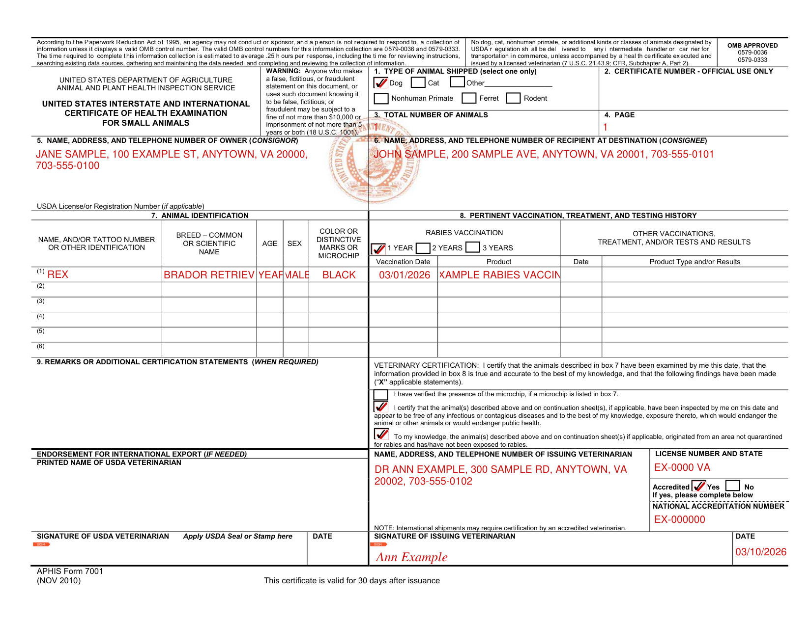 APHIS Form 7001 example filled out, example: one dog shipped with a health certificate