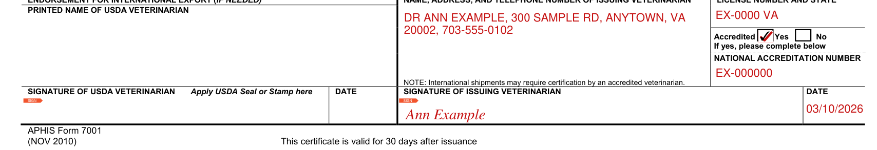 APHIS Form 7001 example filled out, the issuing veterinarian