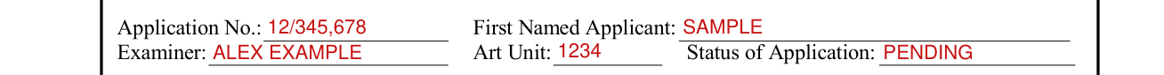 Form PTOL-413A example filled out, application No., First Named Applicant, Examiner, Art Unit and Status of Application
