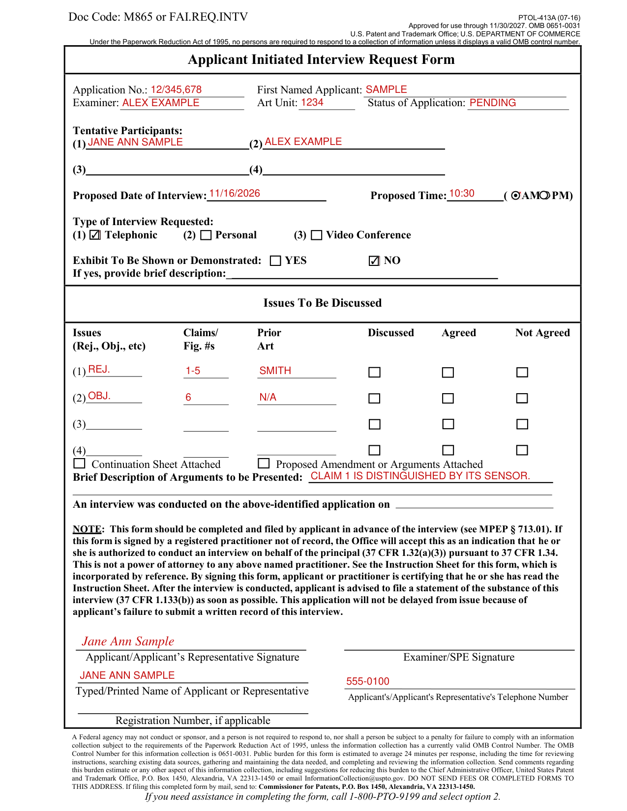 Form PTOL-413A example filled out, example: an applicant asks for a telephonic interview