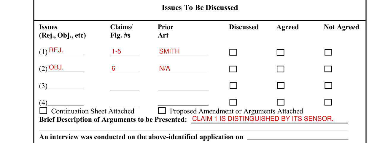 Form PTOL-413A example filled out, issues To Be Discussed