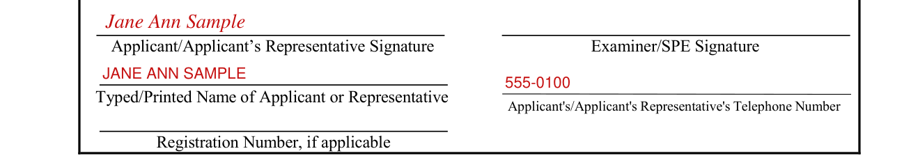 Form PTOL-413A example filled out, signature, Typed/Printed Name, Telephone Number and Registration Number