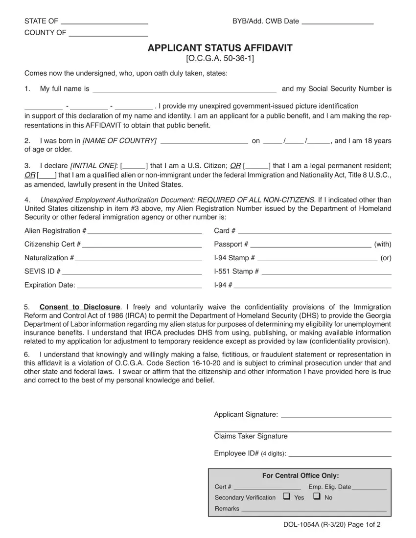 Applicant Status Affidavit first page preview