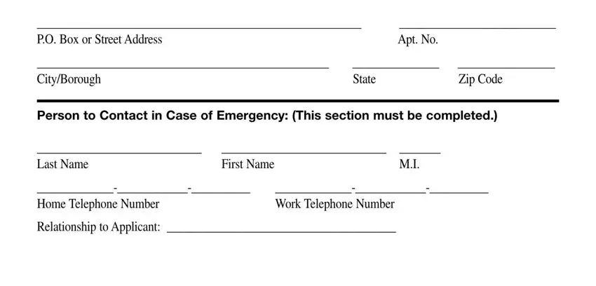 PO Box or Street Address, Apt No, CityBorough, State, Zip Code, Person to Contact in Case of, Last Name, First Name, Home Telephone Number, Work Telephone Number, and Relationship to Applicant in access a ride nyc