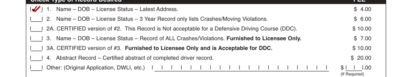 Form DR-1 example filled out, check Type of Record Desired