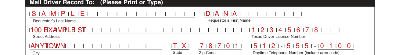 Form DR-1 example filled out, mail Driver Record To: (Please Print or Type)