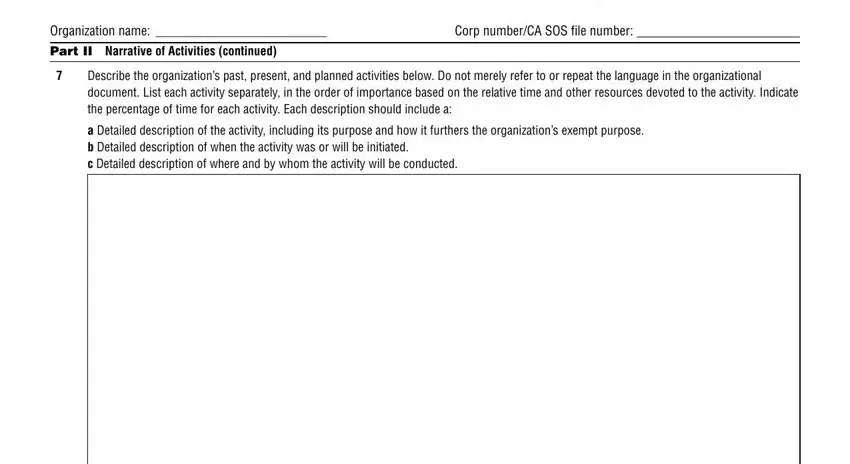 exemption shared responsibility Organization name, Corp numberCA SOS file number, Part II Narrative of Activities, Describe the organizations past, and a Detailed description of the fields to fill out
