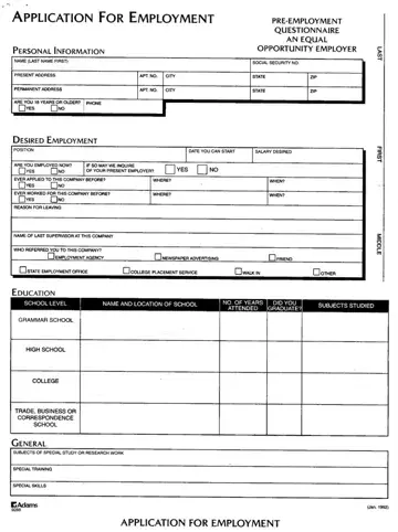 Application For Employment Form Preview