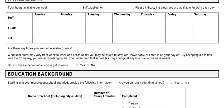 hardees member application form AVAILABILITY, Total hours available per week, Sunday, Monday, Tuesday, Wednesday, Thursday, Friday, Saturday, DAY, FROM, Are there any times you are not, Work schedules may vary from week, Do you have a dependable way to, and EDUCATION BACKGROUND fields to fill