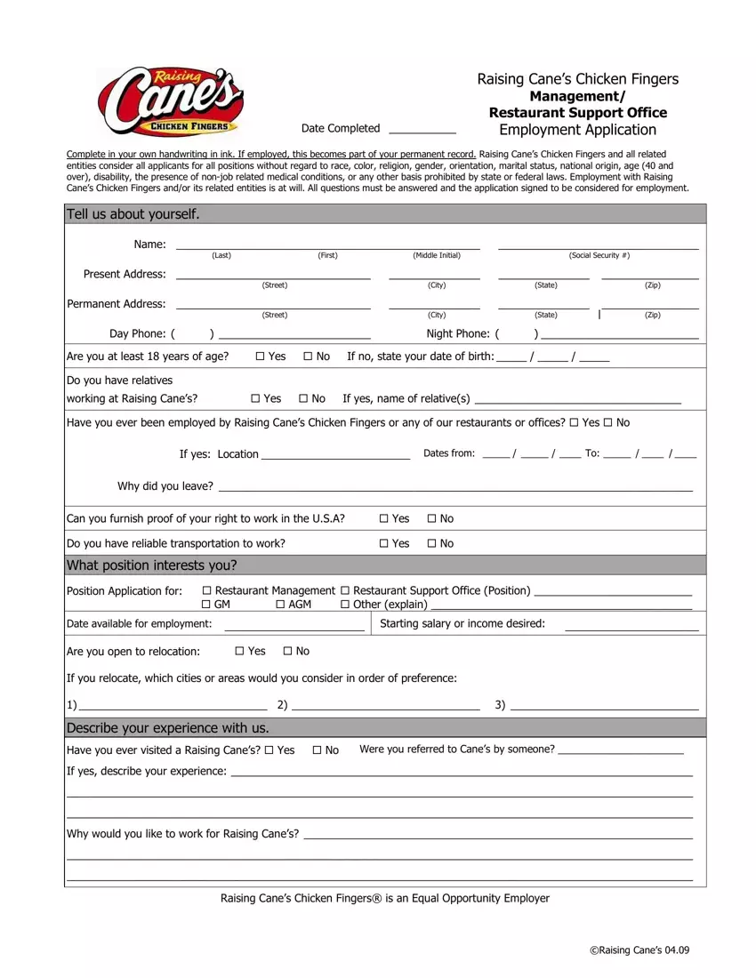 Application Raising Canes Job first page preview