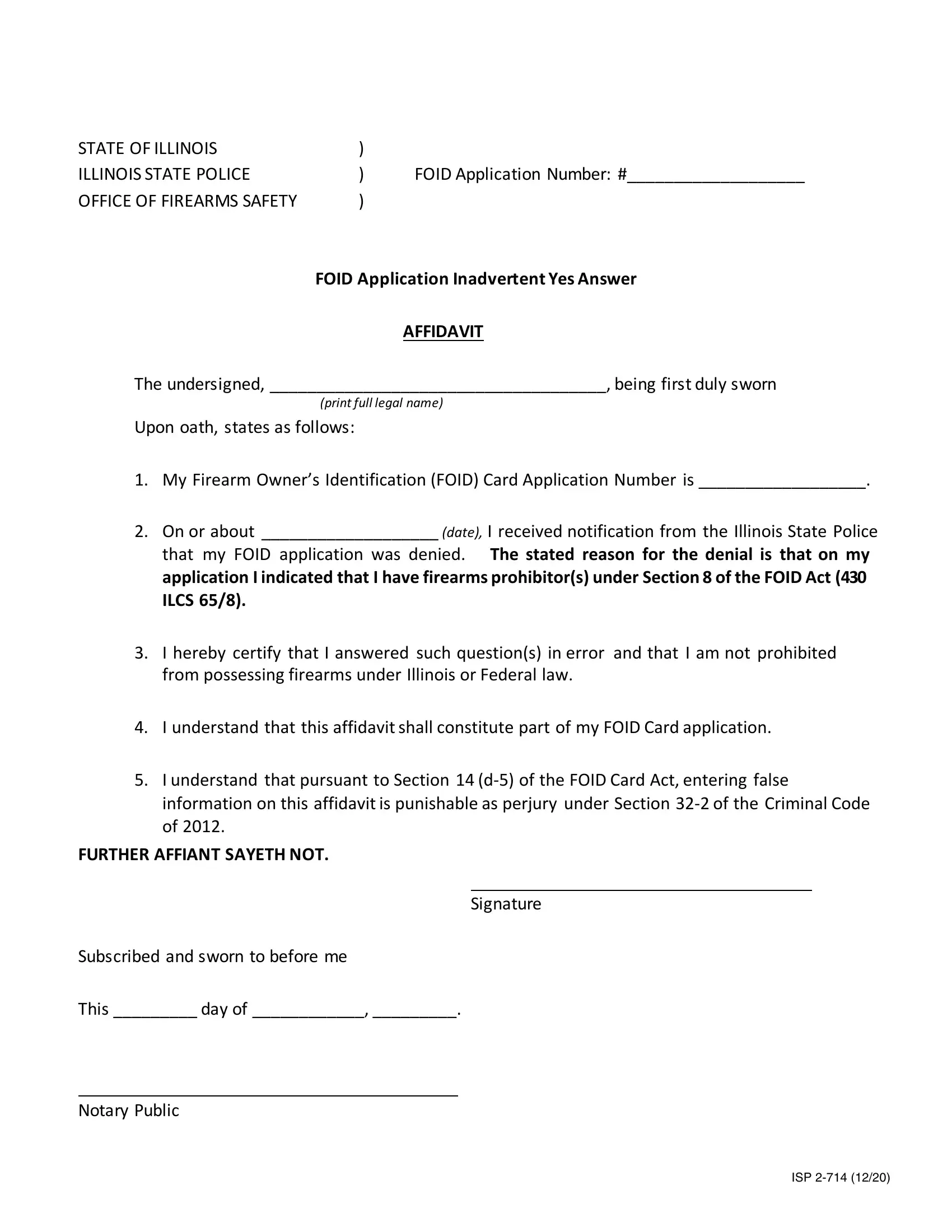FOID Application Affidavit Form 2714 ≡ Fill Out Online