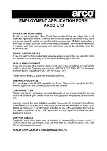 Arco Employment Application Form Preview