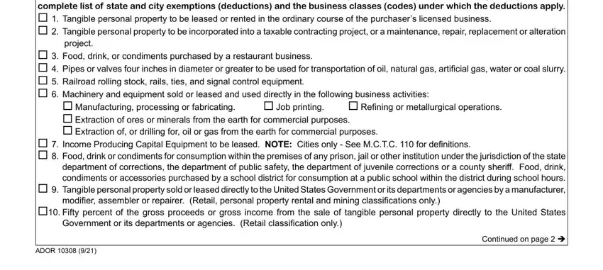 arizona tax exemption D Reason for Exemption Check the, project, Food drink or condiments, Manufacturing processing or, Job printing, Refining or metallurgical, Extraction of ores or minerals, Extraction of or drilling for oil, Income Producing Capital, modifier assembler or repairer, Fifty percent of the gross, Government or its departments or, and Continued on page blanks to complete