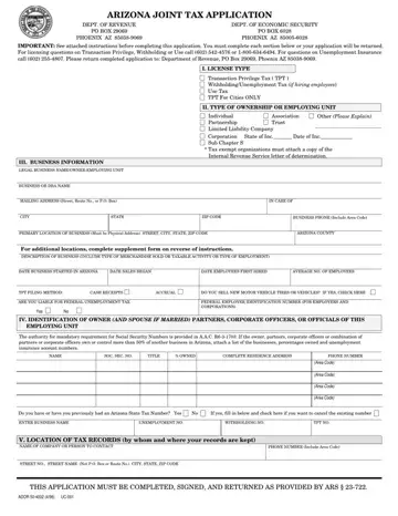 Arizona Joint Tax Application Form Preview