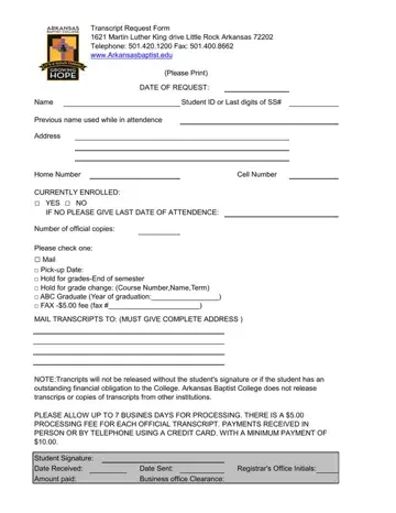 Arkansas Baptist Online Transcript Form Preview