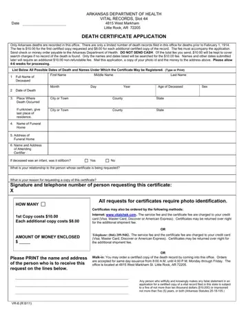 Arkansas Death Certificate Application Form Preview