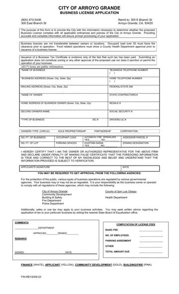 Arroyo Grande License Application Form Preview