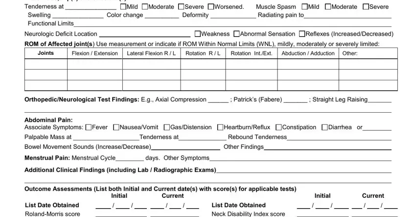 mnr form ExtremitiesHipsandShoulders, Joints, FlexionExtension, LateralFlexionRL, RotationRL, RotationIntExt, AbductionAdductionOther, PalpableMassat, Tendernessat, ReboundTenderness, BowelMovementSoundsIncreaseDecrease, OtherFindings, MenstrualPainMenstrualCycle, daysOtherSymptoms, and Initial fields to fill