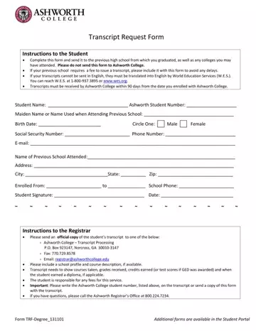 Ashworth Transcript Request Form Preview