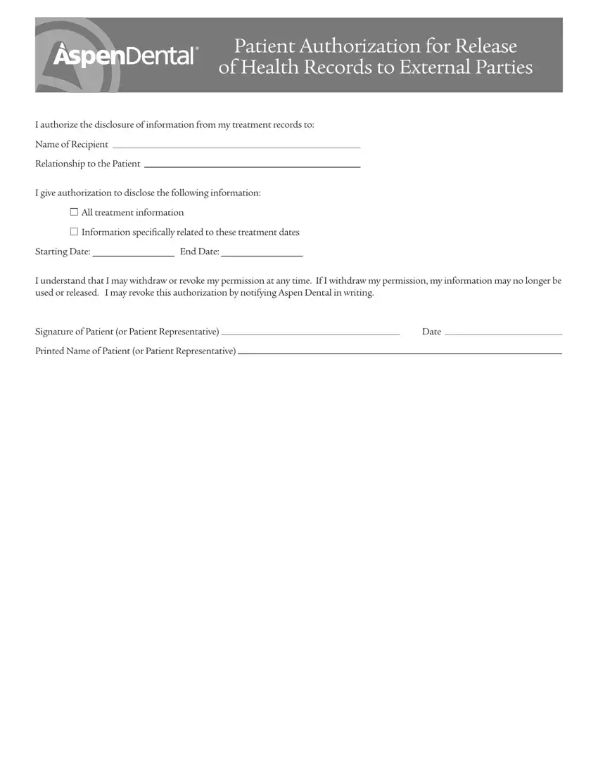 Aspen Dental Health Information Release Form first page preview
