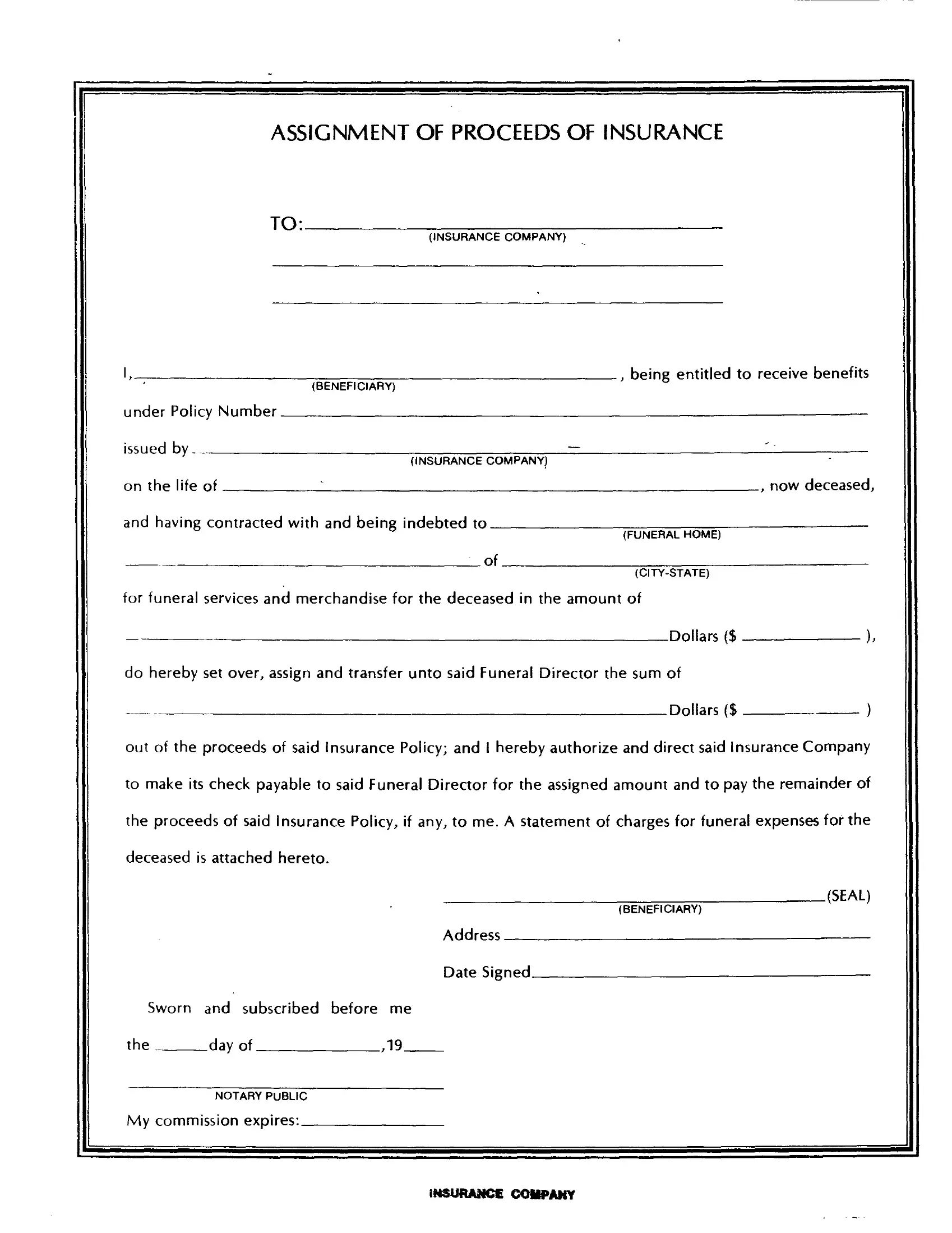 Assignment Of Benefits Form Template
