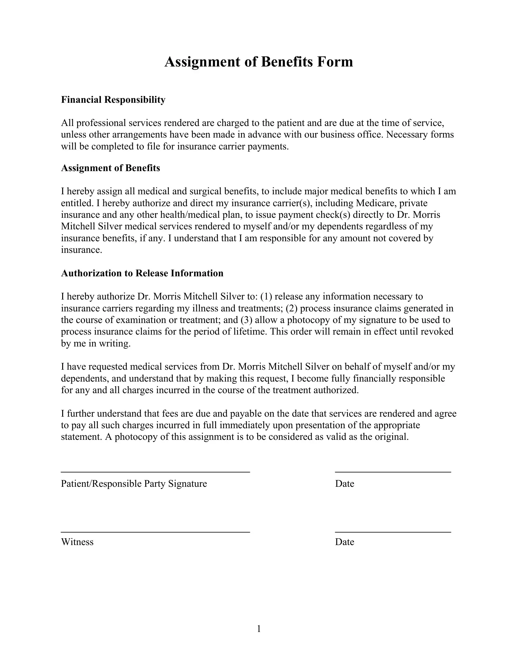 sample assignment of benefits form