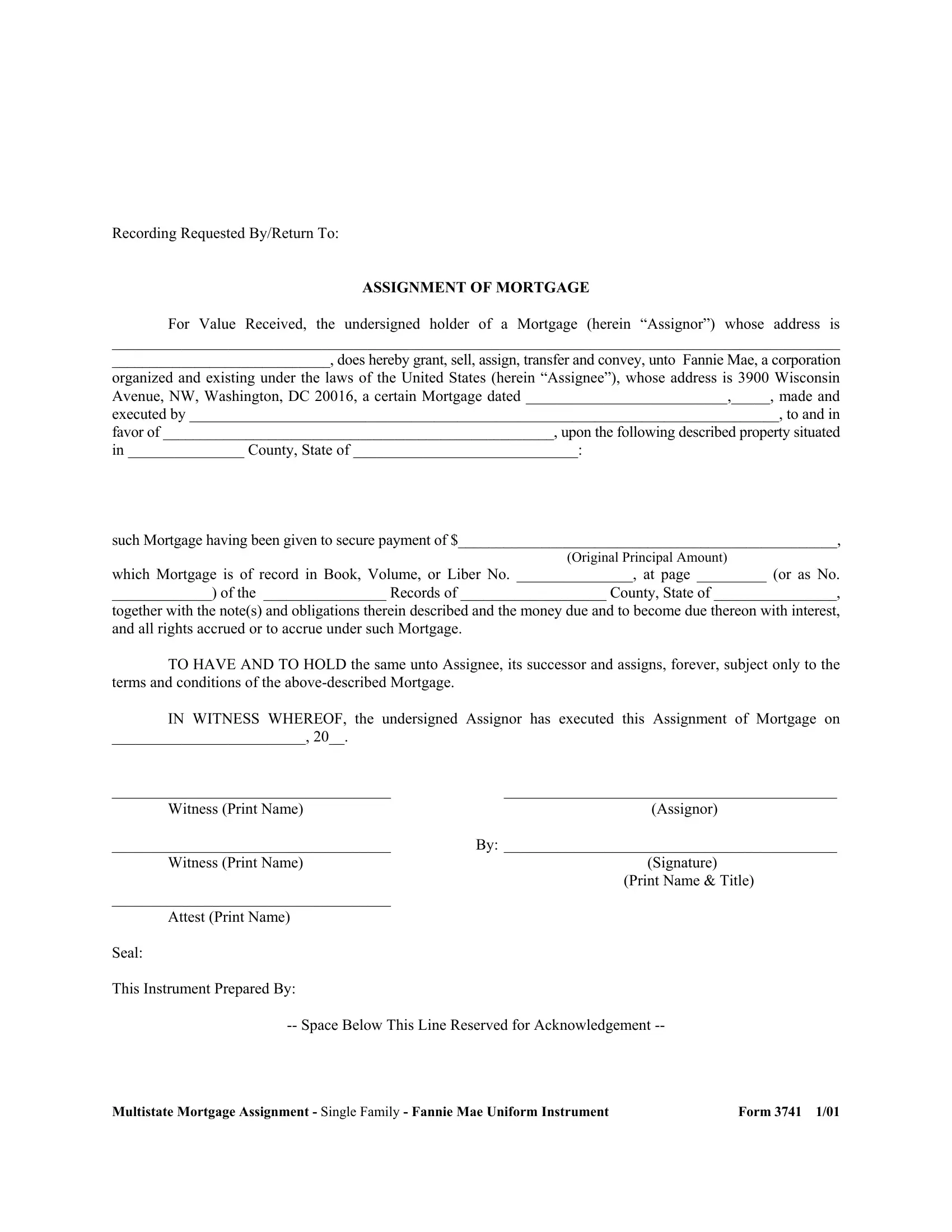 blank assignment of mortgage form