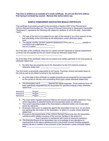 Association Resale Certificate Form Preview