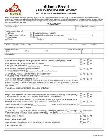 Atlanta Bread Employment Application Form Preview