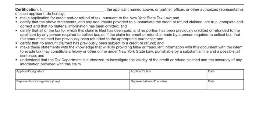 fillable form ny au 431 the applicant named above or, Certiﬁcation I of such applicant, understand that the Tax, information provided with this, Applicants signature, Applicants title, Representatives signature if any, Representatives ID number, Date, and Date blanks to fill out