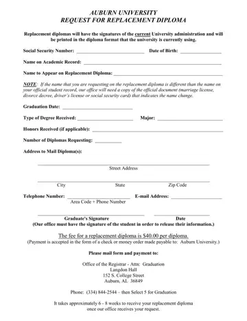 Auburn Registrar Diploma Replacement Form Preview