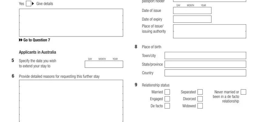 1419 application Yes, Give details, Go to Question, Applicants in Australia, Specify the date you wish to, DAY, MONTH, YEAR, Provide detailed reasons for, Nationality of passport holder, Date of issue, Date of expiry, Place of issue issuing authority, Place of birth, and Towncity fields to fill out