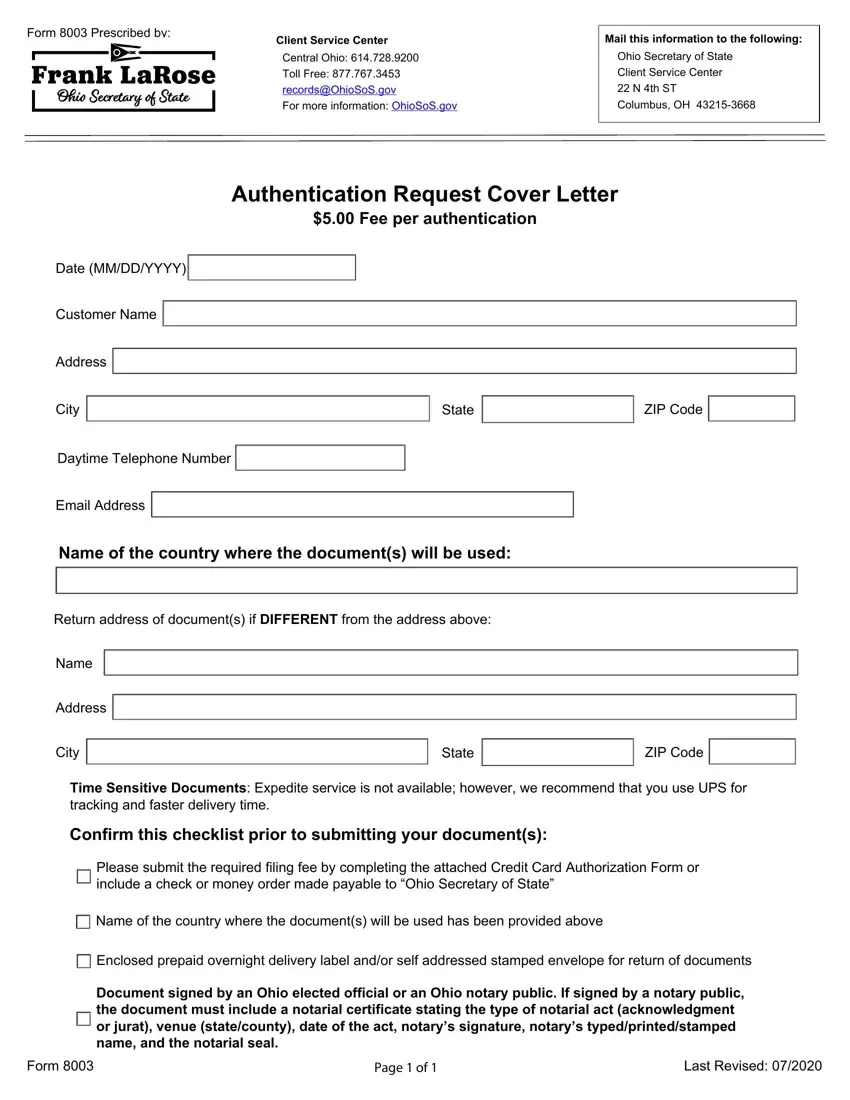 Authentication Request Cover Letter first page preview