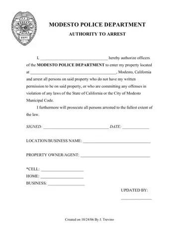 Authority To Arrest Form Preview