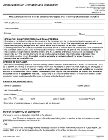 Authorization Cremation Form NYS Preview