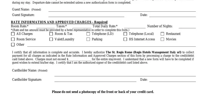 marriottforms ocm I understand that should there be, Guest Name Printed, Guest Signature, RATE INFORMATION AND APPROVED, Total Daily Rate, Taxes, Date, Number of Nights, All Charges, Room Service, Other, Room  Tax, Telephone LD, Telephone Local, and Restaurant fields to insert