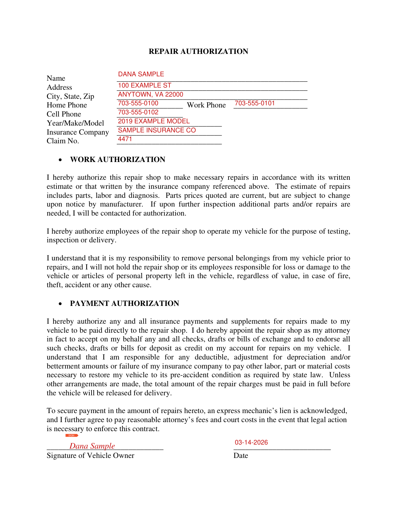 Repair Authorization example filled out, example: an owner authorizes a body shop repair