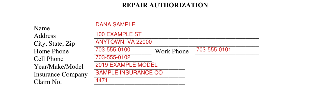 Repair Authorization example filled out, name, address, phone and insurance