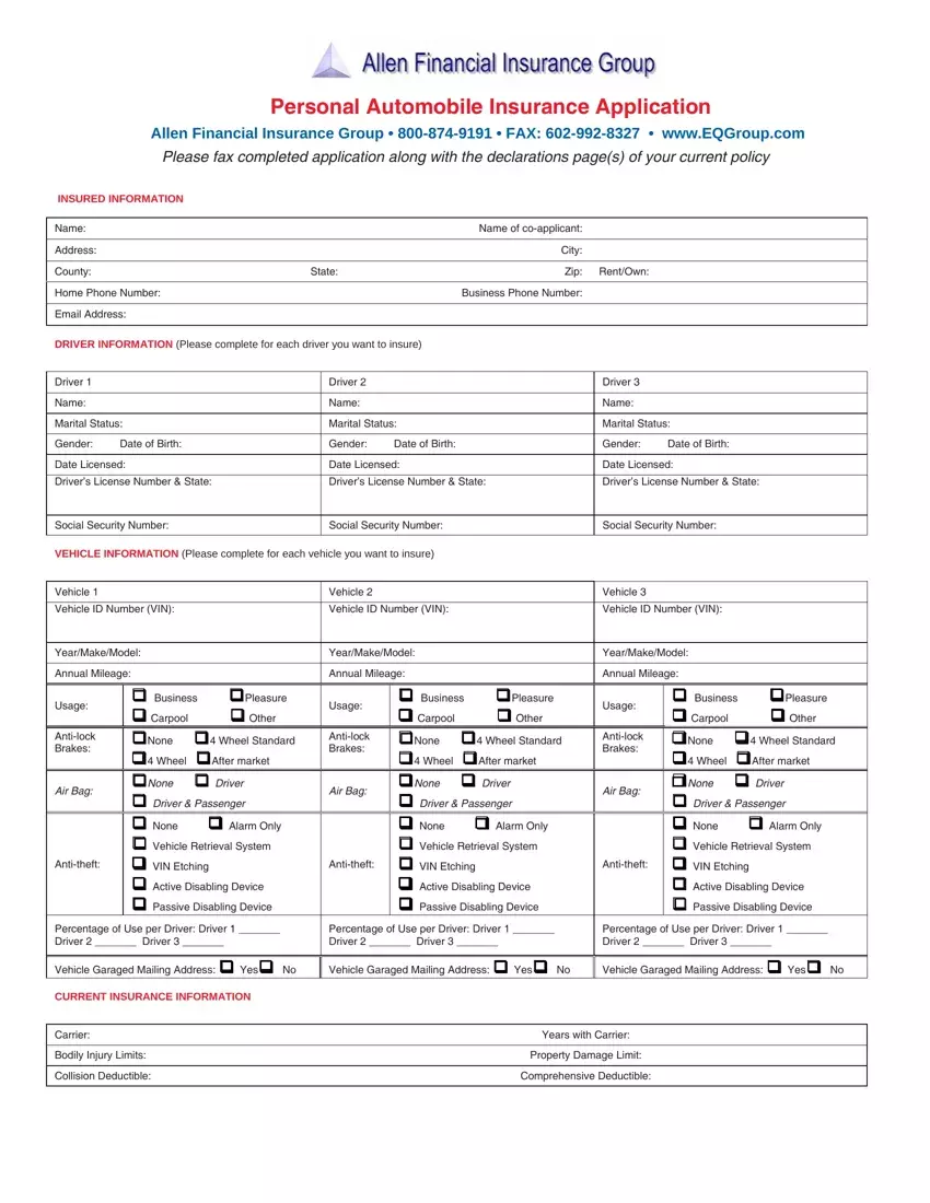 Automobile Insurance Application first page preview