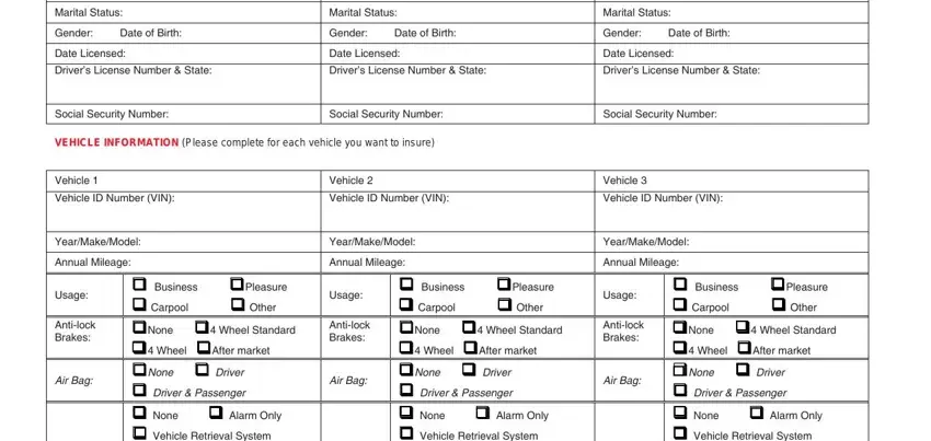 auto insurance declaration page pdf Marital Status, Marital Status, Marital Status, Gender Date of Birth, Gender Date of Birth, Gender Date of Birth, Date Licensed, Date Licensed, Date Licensed, Drivers License Number  State, Drivers License Number  State, Drivers License Number  State, Social Security Number, Social Security Number, and Social Security Number fields to insert