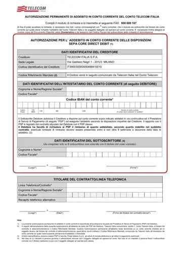 Autorizzazione Permanente Di Addebito In Conto Corrente Form Preview