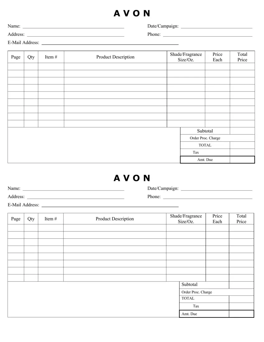 Avon Order Form first page preview
