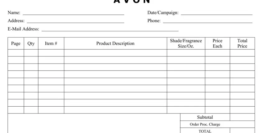 completing avon order form template excel stage 1