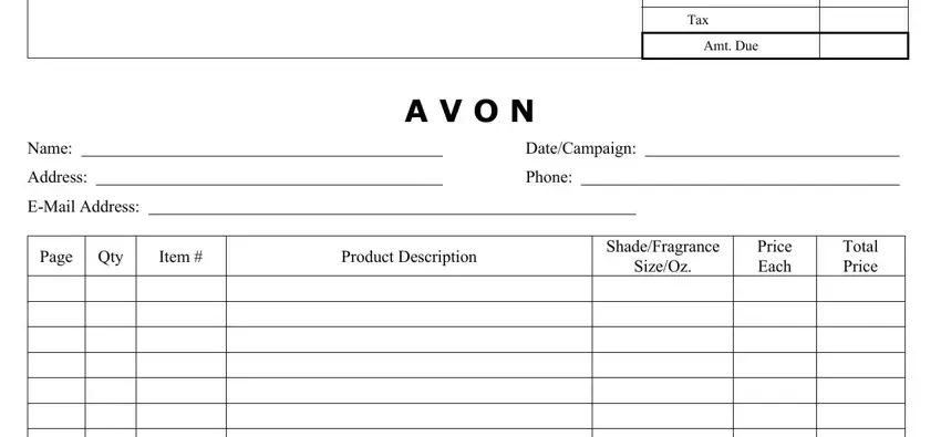 Entering details in avon order sheet stage 2