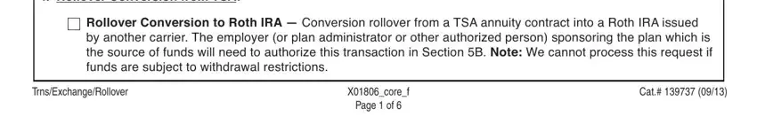 axa 1035 Rollover Conversion from TSA, Rollover Conversion to Roth IRA, GOBBLBBB FFLMKGNoteTBWF FZG, TrnsExchangeRollover, Xcoref Page  of, and Cat blanks to fill out