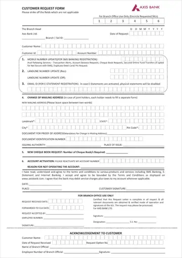 Axis Bank Customer Request Form Preview