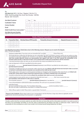 Axis Bank Dispute Form Preview